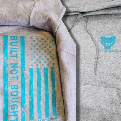 “Built Not Bought” Teal on Grey Flag design hoodie